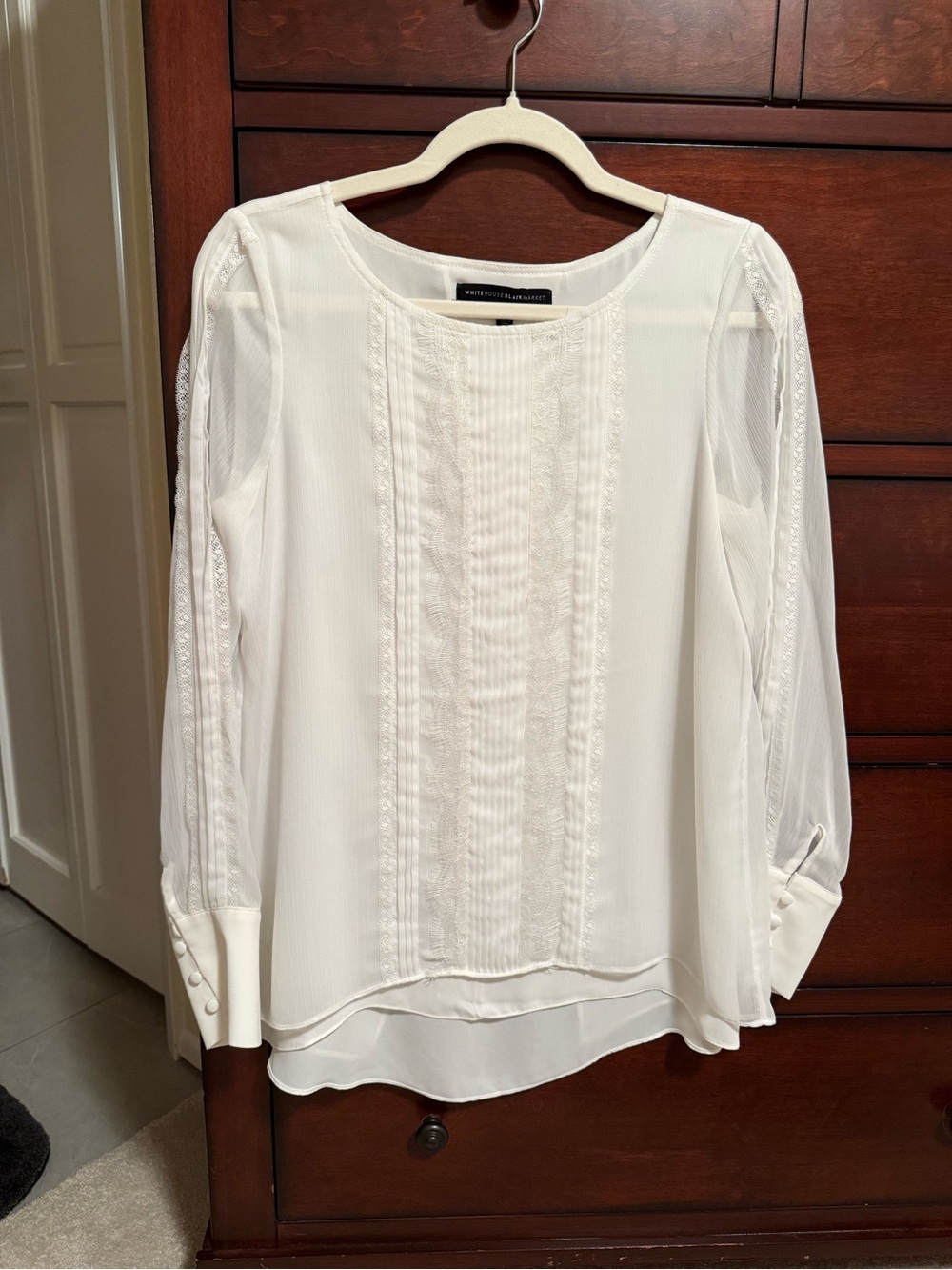 White House Black Market White Lace-Trim Pintuck Blouse